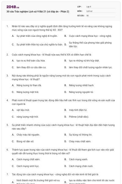 30 câu Trắc nghiệm Lịch sử 9 Bài 21 (có đáp án - Phần 2)