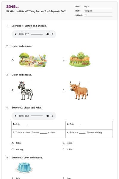Đề kiểm tra Giữa kì 2 Tiếng Anh lớp 2 (có đáp án) - Đề 2