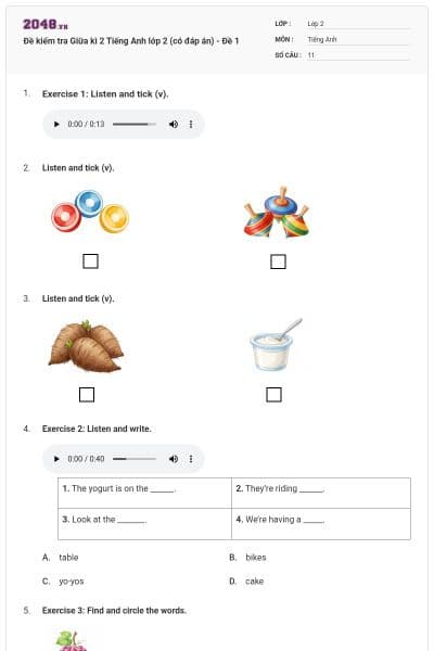 Đề kiểm tra Giữa kì 2 Tiếng Anh lớp 2 (có đáp án) - Đề 1