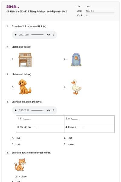 Đề kiểm tra Giữa kì 1 Tiếng Anh lớp 1 (có đáp án) - Đề 2