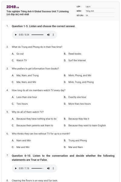 Trắc nghiệm Tiếng Anh 6 Global Success Unit 7 Listening (có đáp án) mới nhất