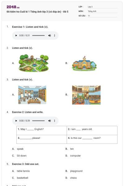 Đề kiểm tra Cuối kì 1 Tiếng Anh lớp 3 (có đáp án) - Đề 5
