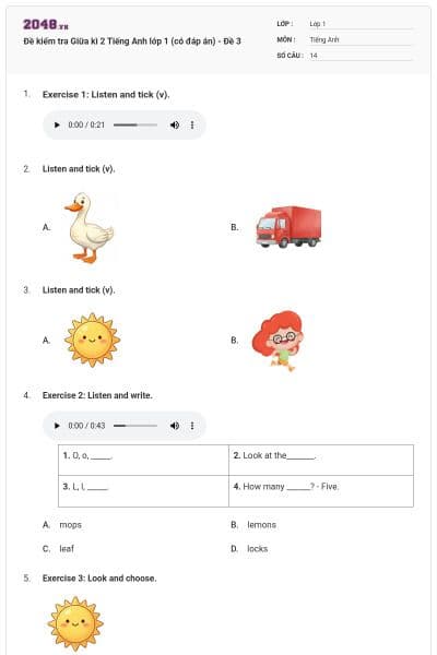 Đề kiểm tra Giữa kì 2 Tiếng Anh lớp 1 (có đáp án) - Đề 3