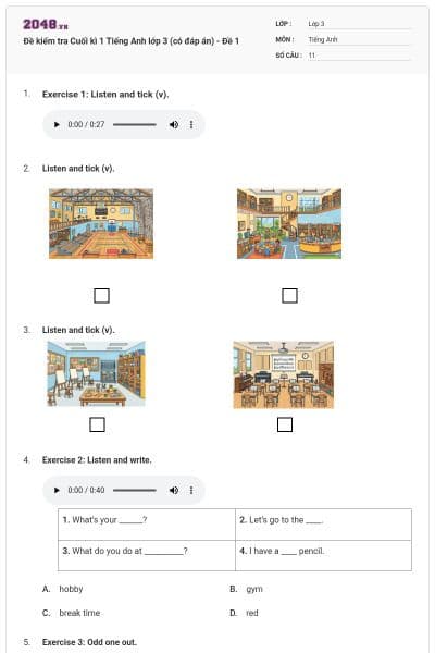 Đề kiểm tra Cuối kì 1 Tiếng Anh lớp 3 (có đáp án) - Đề 1