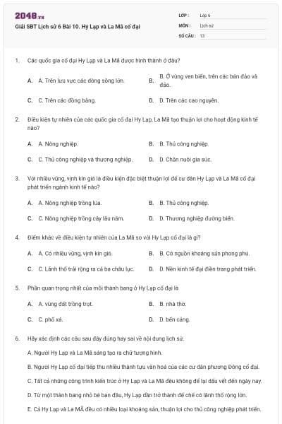 Giải SBT Lịch sử 6 Bài 10. Hy Lạp và La Mã cổ đại
