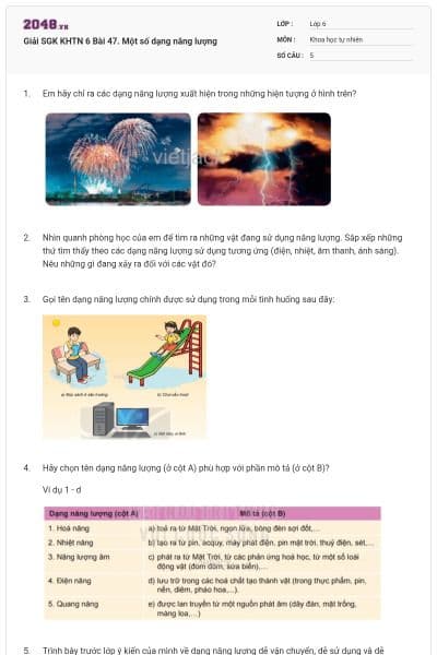 Giải SGK KHTN 6 Bài 47. Một số dạng năng lượng