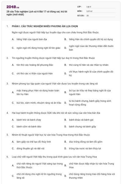 28 câu Trắc nghiệm Lịch sử 6 Bài 17 có đúng sai, trả lời ngắn (mới nhất)