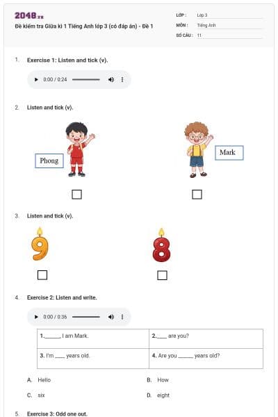 Đề kiểm tra Giữa kì 1 Tiếng Anh lớp 3 (có đáp án) - Đề 1