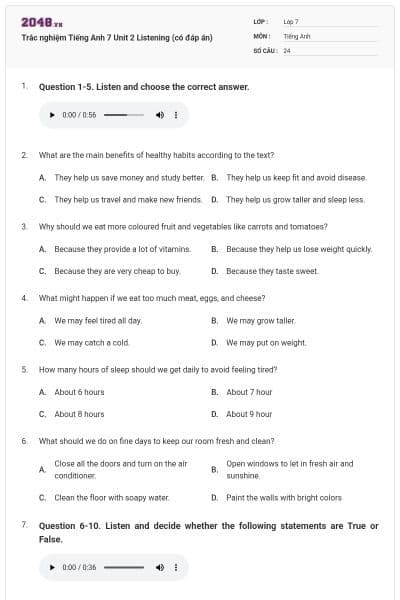 Trắc nghiệm Tiếng Anh 7 Unit 2 Listening (có đáp án)