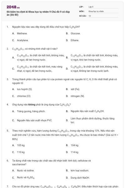 Đề kiểm tra định kì Khoa học tự nhiên 9 Chủ đề 9 có đáp án (Đề 80)