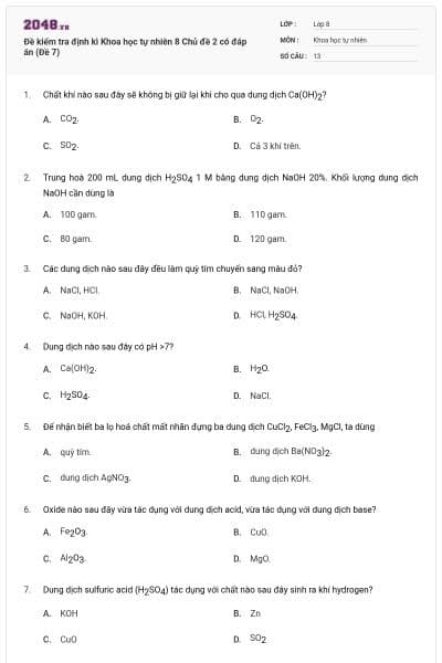 Đề kiểm tra định kì Khoa học tự nhiên 8 Chủ đề 2 có đáp án (Đề 7)