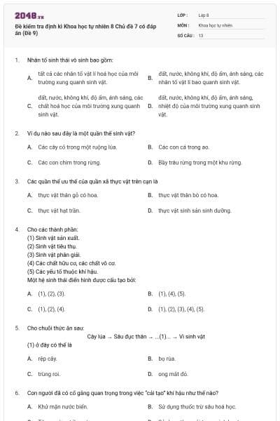 Đề kiểm tra định kì Khoa học tự nhiên 8 Chủ đề 7 có đáp án (Đề 9)