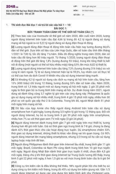 Đề thi ĐGTD Đại học Bách khoa Hà Nội phần Tư duy Đọc hiểu (có đáp án) - Đề số 28