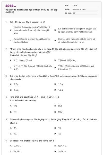 Đề kiểm tra định kì Khoa học tự nhiên 8 Chủ đề 1 có đáp án (Đề 4)