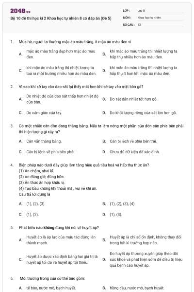 Bộ 10 đề thi học kì 2 Khoa học tự nhiên 8 có đáp án (Đề 5)
