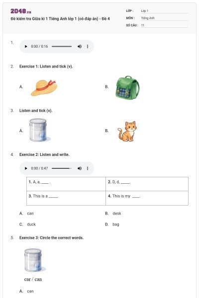 Đề kiểm tra Giữa kì 1 Tiếng Anh lớp 1 (có đáp án) - Đề 4
