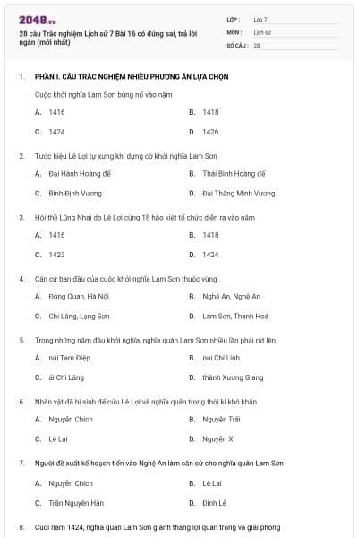 28 câu Trắc nghiệm Lịch sử 7 Bài 16 có đúng sai, trả lời ngắn (mới nhất)