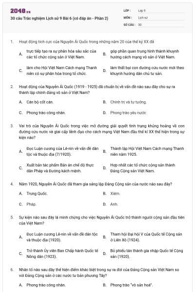 30 câu Trắc nghiệm Lịch sử 9 Bài 6 (có đáp án - Phần 2)
