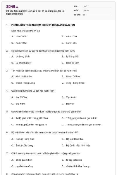 28 câu Trắc nghiệm Lịch sử 7 Bài 11 có đúng sai, trả lời ngắn (mới nhất)