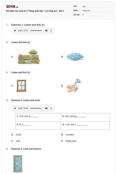 Đề kiểm tra Cuối kì 2 Tiếng Anh lớp 1 (có đáp án) - Đề 2