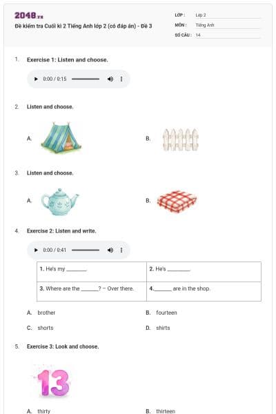 Đề kiểm tra Cuối kì 2 Tiếng Anh lớp 2 (có đáp án) - Đề 3