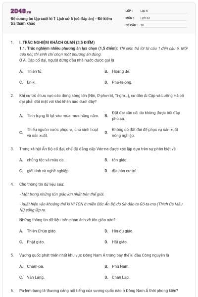 Đề cương ôn tập cuối kì 1 Lịch sử 6 (có đáp án) - Đề kiểm tra tham khảo