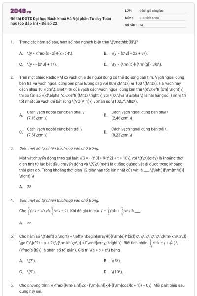 Đề thi ĐGTD Đại học Bách khoa Hà Nội phần Tư duy Toán học (có đáp án) - Đề số 22