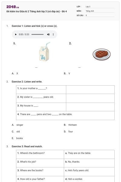 Đề kiểm tra Giữa kì 2 Tiếng Anh lớp 3 (có đáp án) - Đề 4
