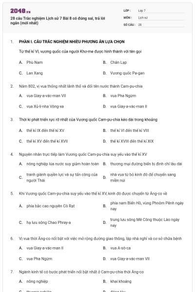 28 câu Trắc nghiệm Lịch sử 7 Bài 8 có đúng sai, trả lời ngắn (mới nhất)