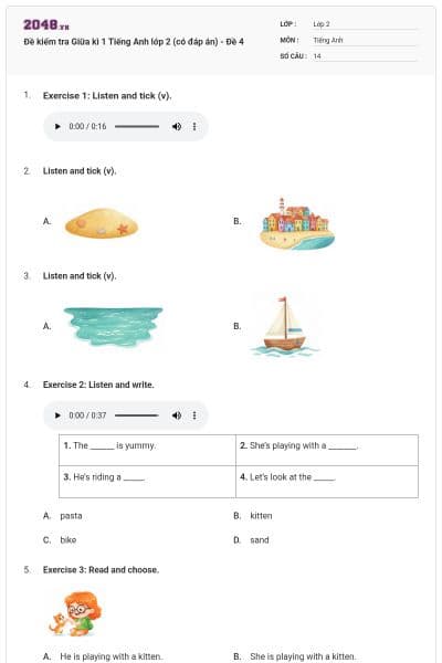Đề kiểm tra Giữa kì 1 Tiếng Anh lớp 2 (có đáp án) - Đề 4