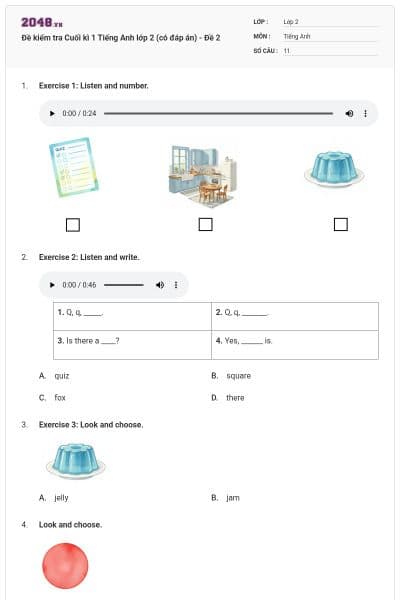 Đề kiểm tra Cuối kì 1 Tiếng Anh lớp 2 (có đáp án) - Đề 2