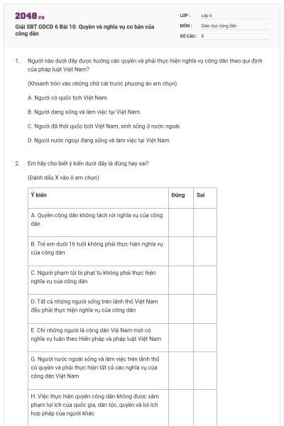 Giải SBT GDCD 6 Bài 10. Quyền và nghĩa vụ cơ bản của công dân