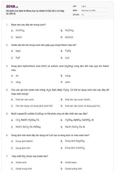 Đề kiểm tra định kì Khoa học tự nhiên 8 Chủ đề 2 có đáp án (Đề 8)