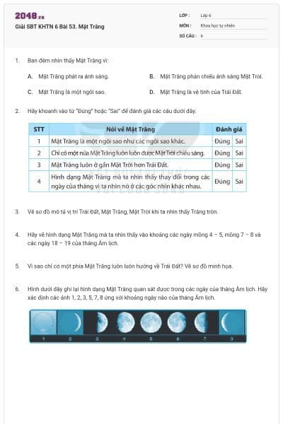 Giải SBT KHTN 6 Bài 53. Mặt Trăng