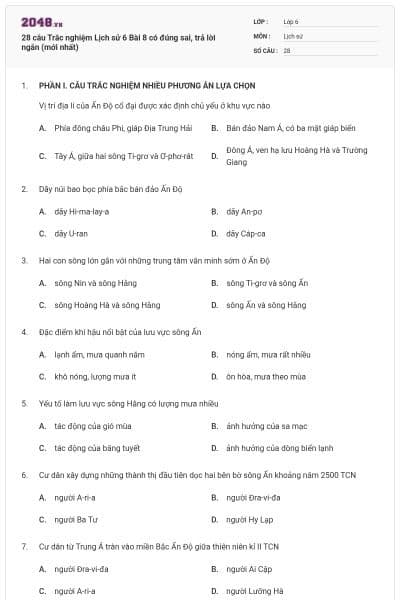 28 câu Trắc nghiệm Lịch sử 6 Bài 8 có đúng sai, trả lời ngắn (mới nhất)