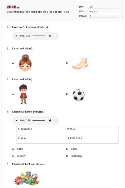 Đề kiểm tra Cuối kì 2 Tiếng Anh lớp 1 (có đáp án) - Đề 5