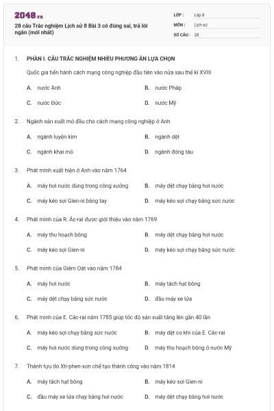 28 câu Trắc nghiệm Lịch sử 8 Bài 3 có đúng sai, trả lời ngắn (mới nhất)