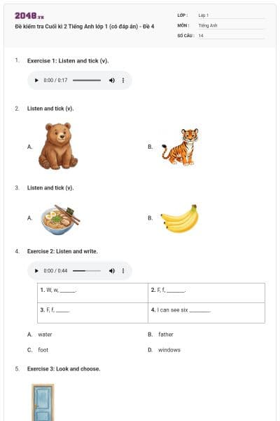 Đề kiểm tra Cuối kì 2 Tiếng Anh lớp 1 (có đáp án) - Đề 4