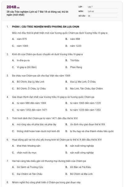 28 câu Trắc nghiệm Lịch sử 7 Bài 18 có đúng sai, trả lời ngắn (mới nhất)