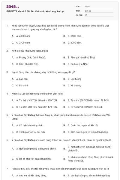 Giải SBT Lịch sử 6 Bài 14. Nhà nước Văn Lang, Âu Lạc