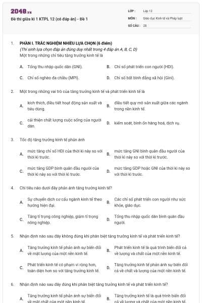 Đề thi giữa kì 1 KTPL 12 (có đáp án) - Đề 1