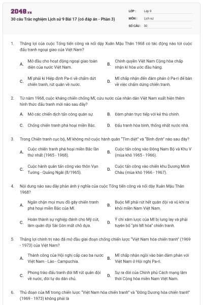 30 câu Trắc nghiệm Lịch sử 9 Bài 17 (có đáp án - Phần 3)