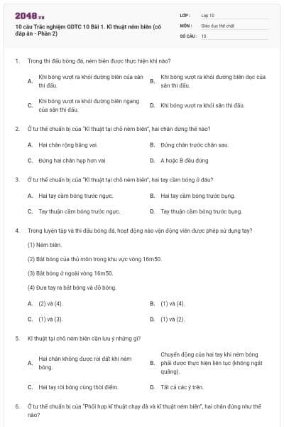 10 câu Trắc nghiệm GDTC 10 Bài 1. Kĩ thuật ném biên (có đáp án - Phần 2)