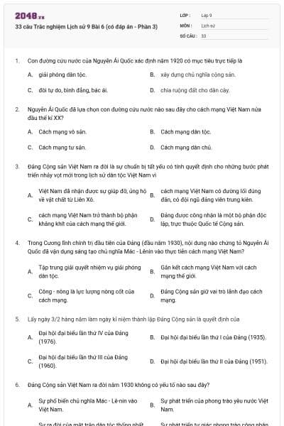 33 câu Trắc nghiệm Lịch sử 9 Bài 6 (có đáp án - Phần 3)