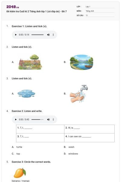 Đề kiểm tra Cuối kì 2 Tiếng Anh lớp 1 (có đáp án) - Đề 7