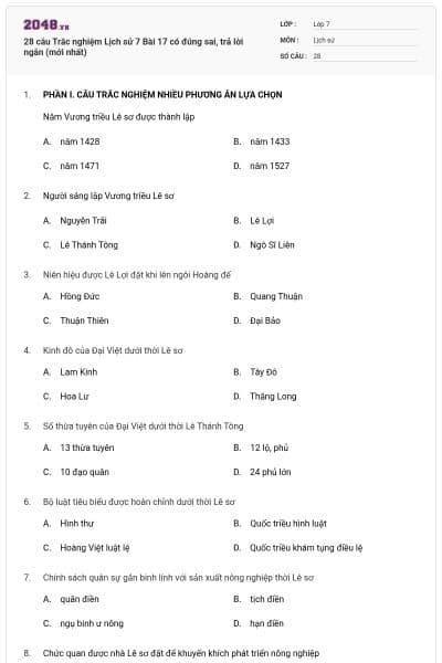 28 câu Trắc nghiệm Lịch sử 7 Bài 17 có đúng sai, trả lời ngắn (mới nhất)