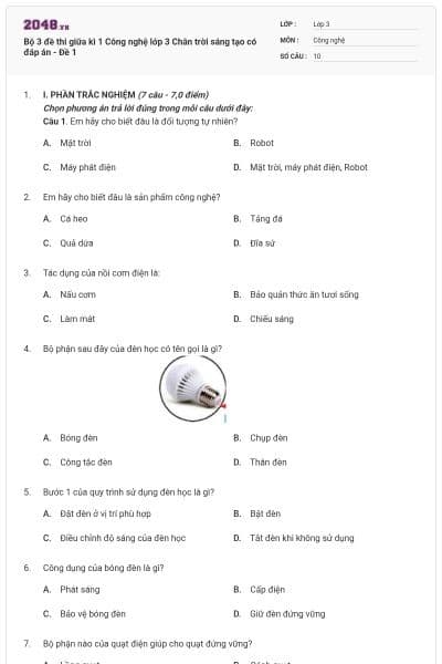 Bộ 3 đề thi giữa kì 1 Công nghệ lớp 3 Chân trời sáng tạo có đáp án - Đề 1