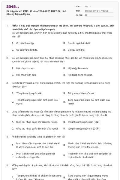 Đề thi giữa kì 1 KTPL 12 năm 2024-2025 THPT Gio Linh (Quảng Trị) có đáp án