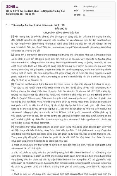 Đề thi ĐGTD Đại học Bách khoa Hà Nội phần Tư duy Đọc hiểu (có đáp án) - Đề số 16