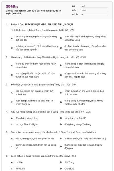 28 câu Trắc nghiệm Lịch sử 8 Bài 9 có đúng sai, trả lời ngắn (mới nhất)
